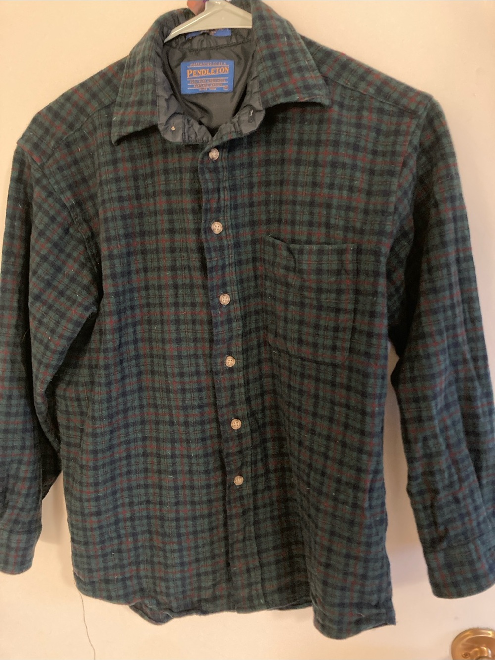 Pendleton Green and Navy Plaid Button-Down Shirt 100%Wool